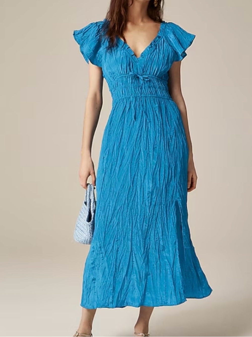 J Crew Palermo Crinkle Dress - Nordic Sea Blue V-Neck Flutter Sleeve Maxi Dress